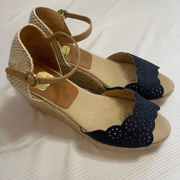 Kanna Spain Navy Blue Espadrille Wedge Peep Toe Sandal sz 8 - Picture 1 of 8